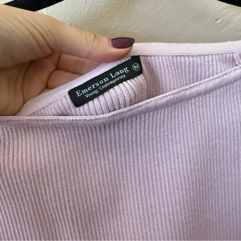 Emerson Lang Ribbed Knit Off Shoulder Top Pink Fitted Long Sleeve Medium